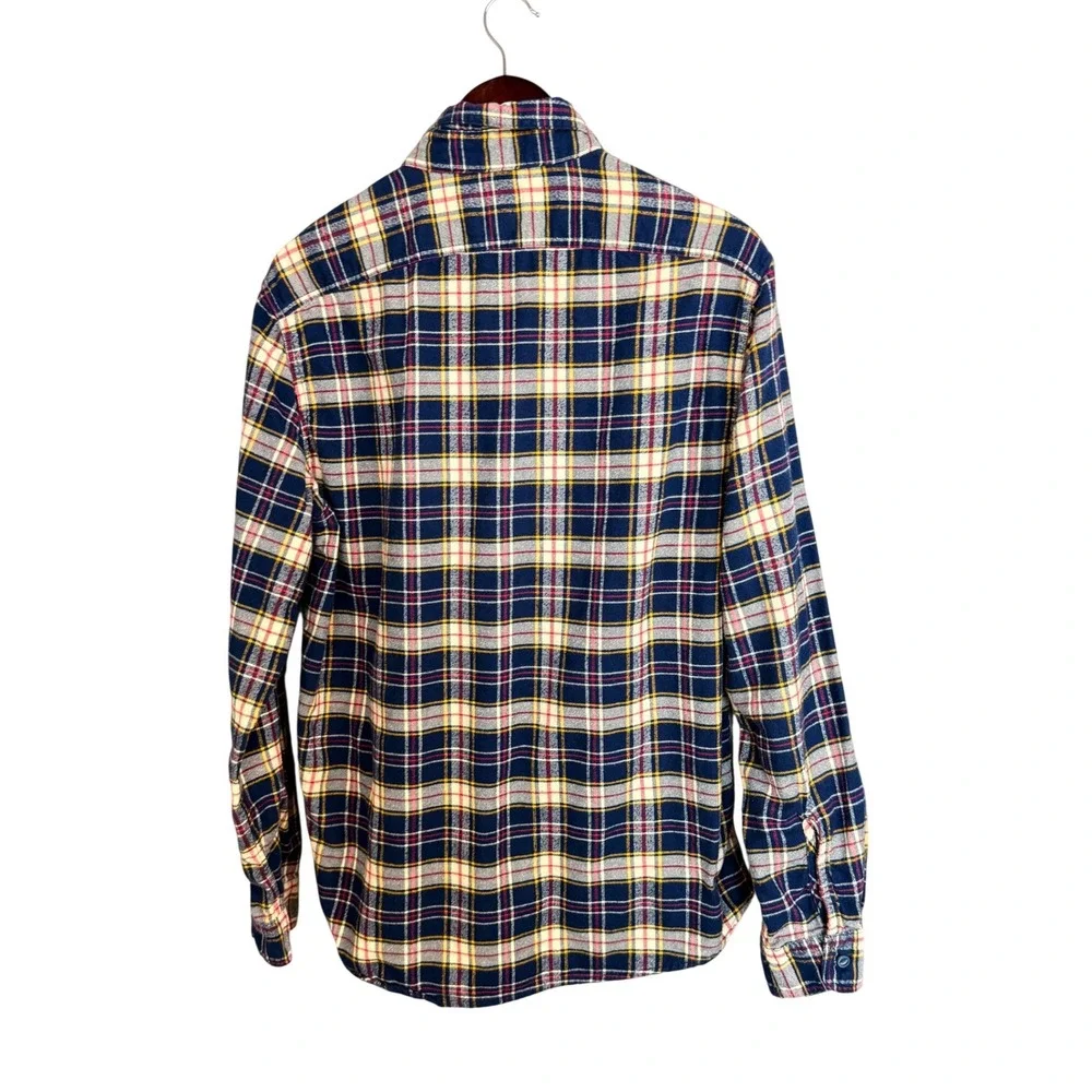 J. Crew Mens Flannel Shirt L Blue Yellow Plaid Cotton Long Sleeve AF877 Y2K